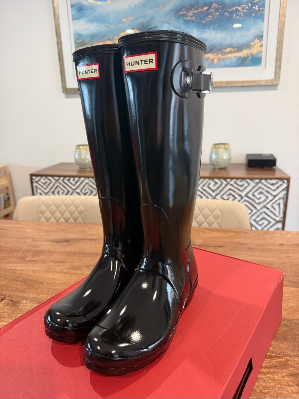 Hunter Women's Gloss Black Tall Rain Boots with Red Logo Trim